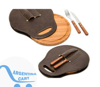 Set Parrillero: 1 Estuche de Cuero, 1 Plato Tabla, 1 Cuchillo y 1 Tenedor